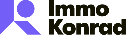 Das Logo von ImmoKonrad zeigt links eine stilisierte violette geometrische Figur und rechts den Firmennamen in fettem schwarzen Text.